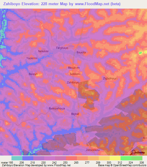 Zahiboyo,Ivory Coast Elevation Map