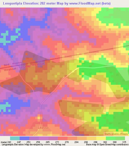 Lenguetipla,Ivory Coast Elevation Map