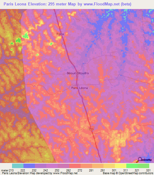 Paris Leona,Ivory Coast Elevation Map