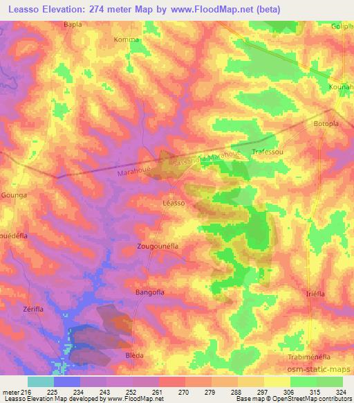 Leasso,Ivory Coast Elevation Map