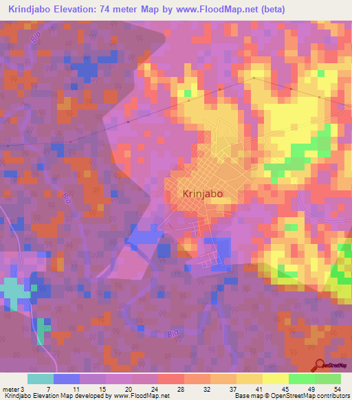 Krindjabo,Ivory Coast Elevation Map