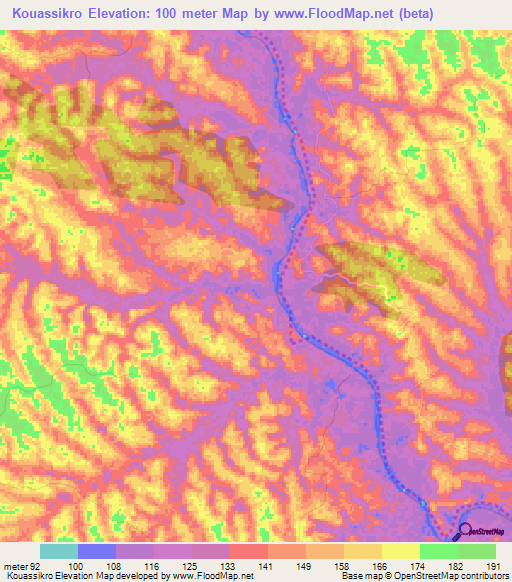 Kouassikro,Ivory Coast Elevation Map