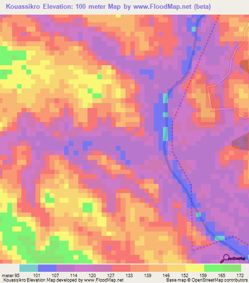Kouassikro,Ivory Coast Elevation Map