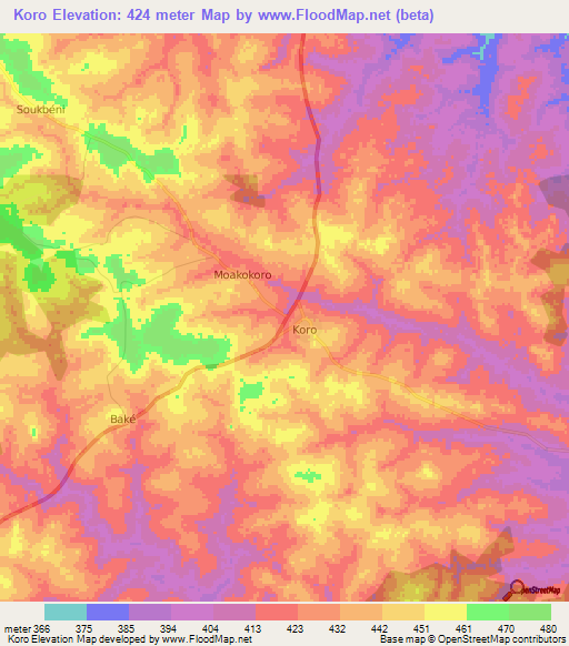 Koro,Ivory Coast Elevation Map