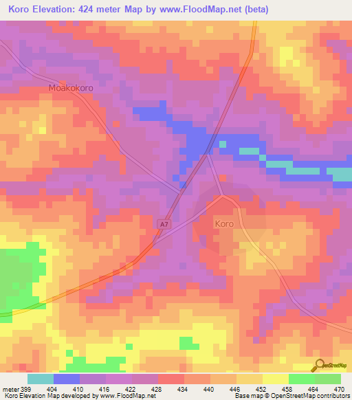Koro,Ivory Coast Elevation Map