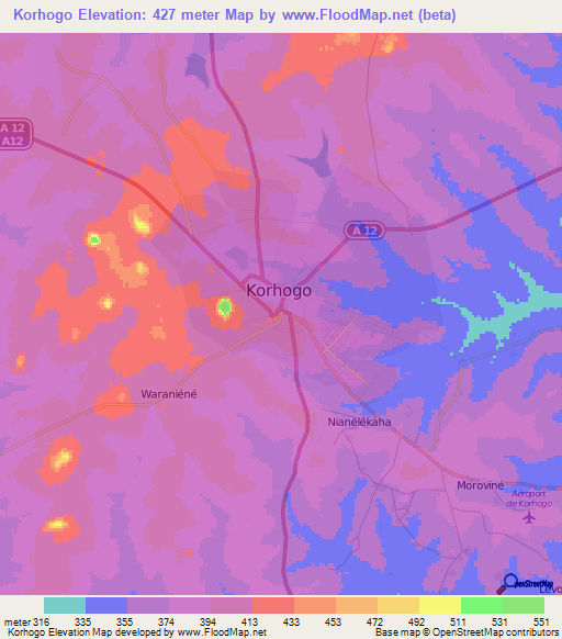 Korhogo,Ivory Coast Elevation Map