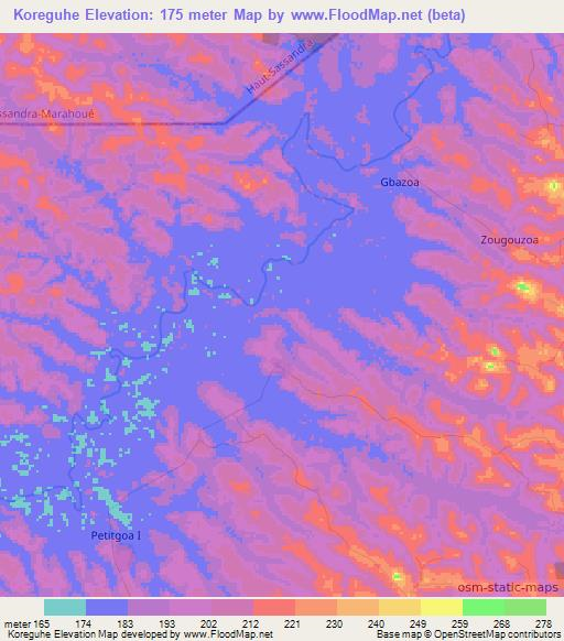Koreguhe,Ivory Coast Elevation Map