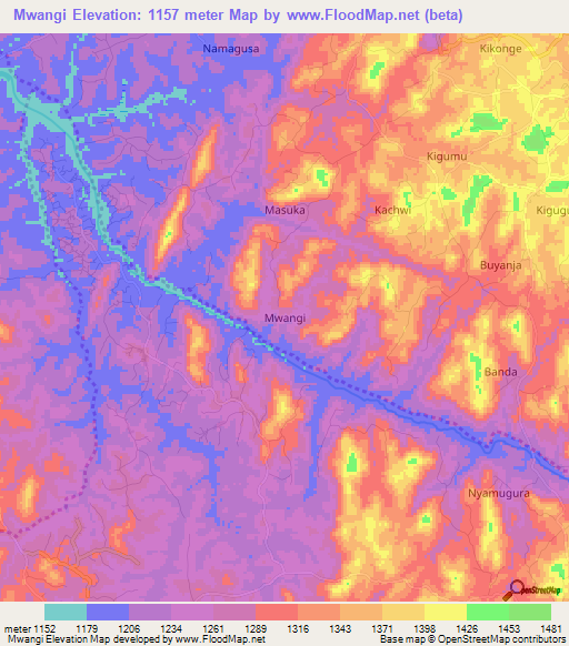 Mwangi,Uganda Elevation Map