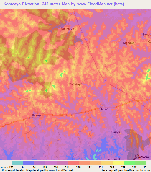 Komeayo,Ivory Coast Elevation Map
