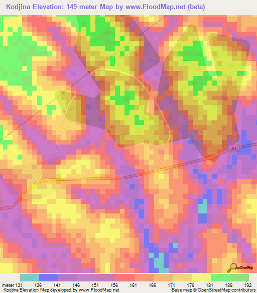 Kodjina,Ivory Coast Elevation Map