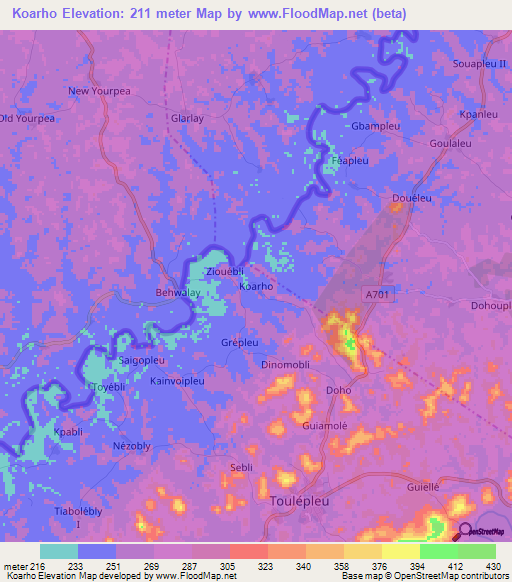 Koarho,Ivory Coast Elevation Map