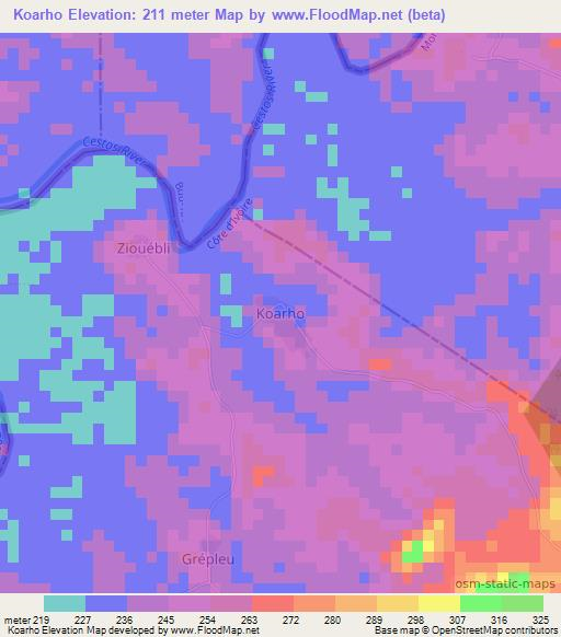 Koarho,Ivory Coast Elevation Map