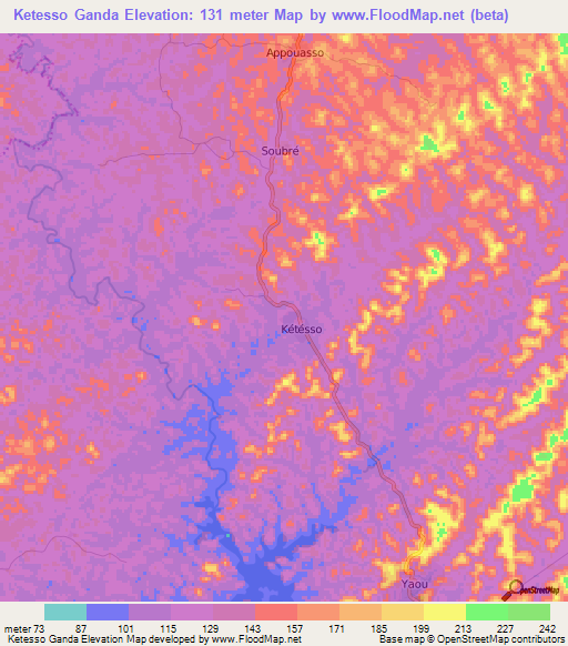 Ketesso Ganda,Ivory Coast Elevation Map