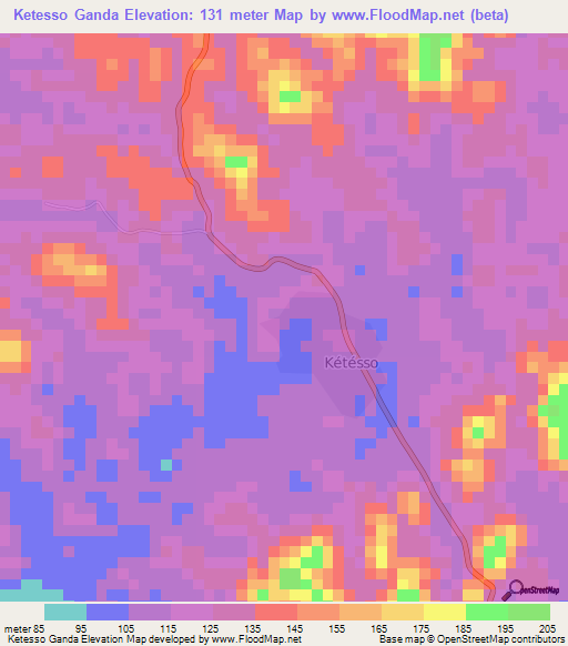 Ketesso Ganda,Ivory Coast Elevation Map
