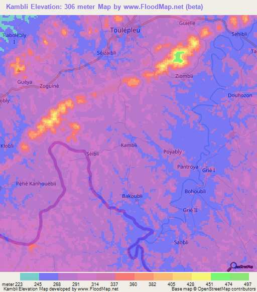 Kambli,Ivory Coast Elevation Map