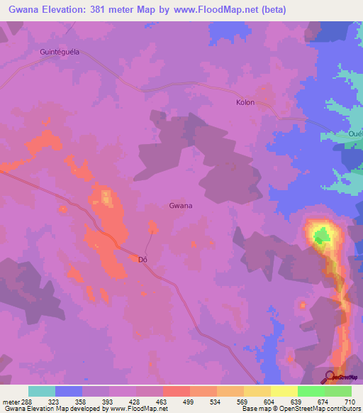Gwana,Ivory Coast Elevation Map