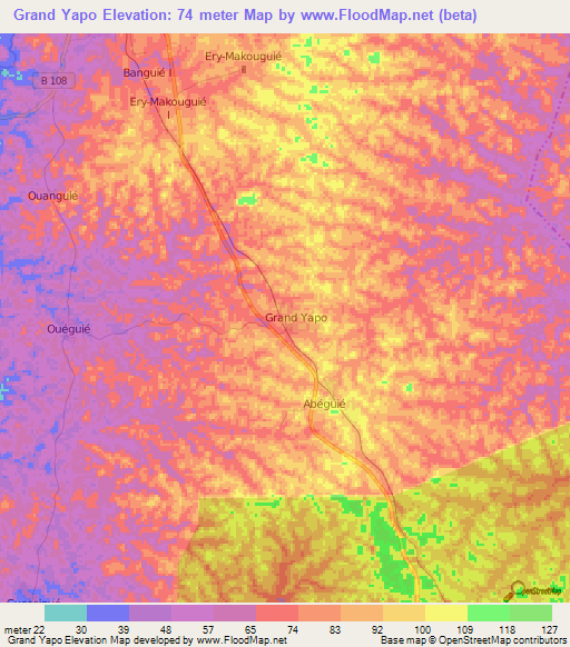 Grand Yapo,Ivory Coast Elevation Map