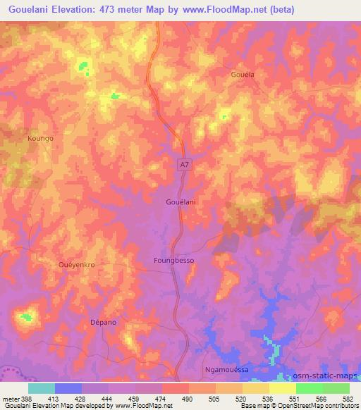 Gouelani,Ivory Coast Elevation Map