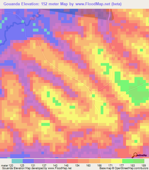 Gouanda,Ivory Coast Elevation Map