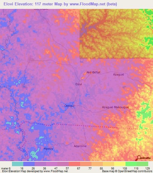 Elovi,Ivory Coast Elevation Map