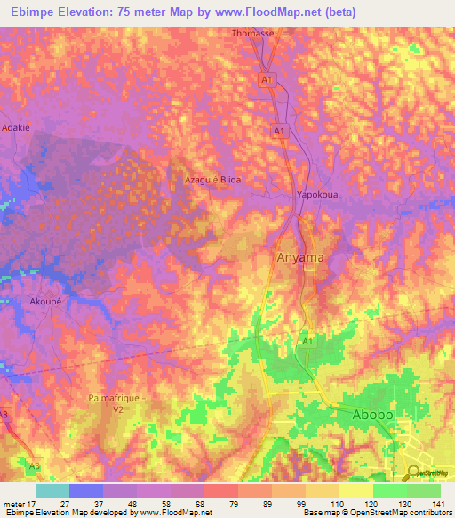 Ebimpe,Ivory Coast Elevation Map