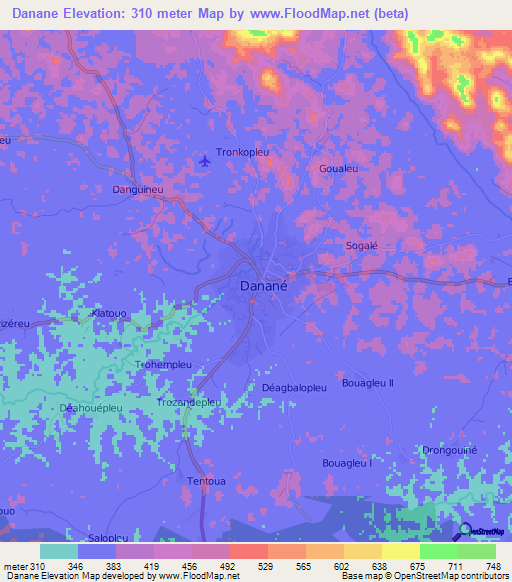 Danane,Ivory Coast Elevation Map