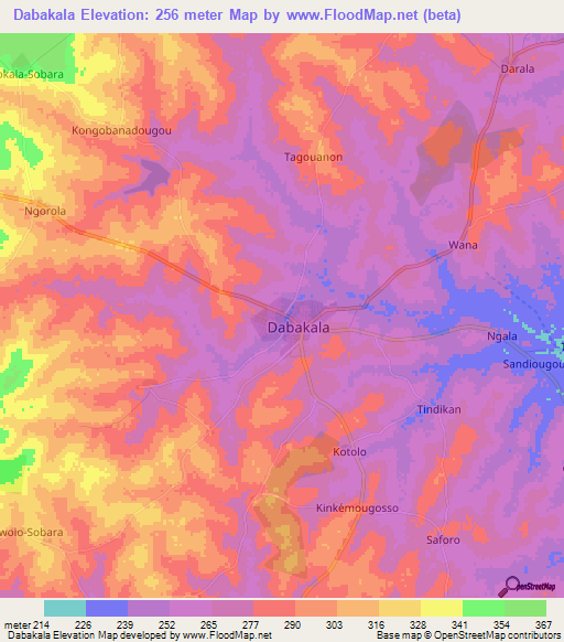 Dabakala,Ivory Coast Elevation Map