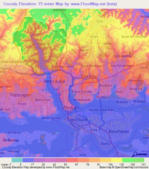 Cocody,Ivory Coast Elevation Map