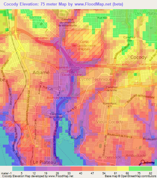 Cocody,Ivory Coast Elevation Map
