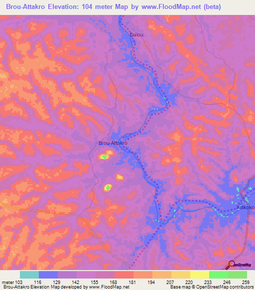 Brou-Attakro,Ivory Coast Elevation Map