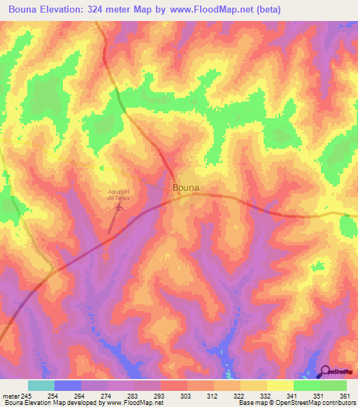 Bouna,Ivory Coast Elevation Map