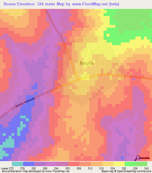 Bouna,Ivory Coast Elevation Map