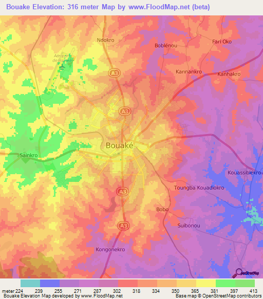 Bouake,Ivory Coast Elevation Map