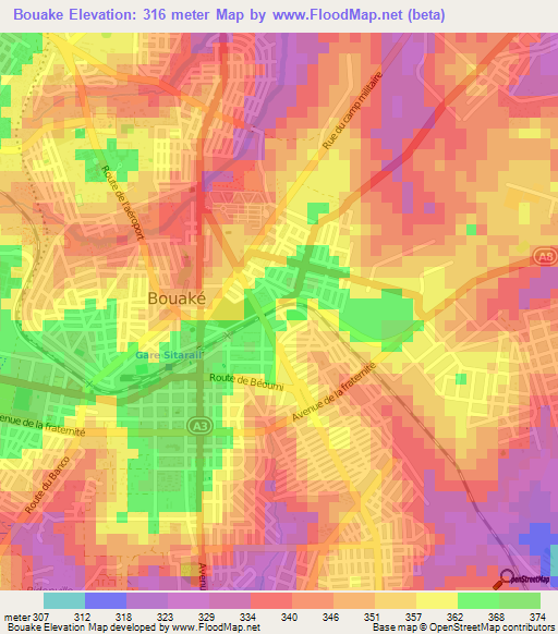 Bouake,Ivory Coast Elevation Map