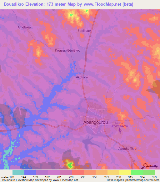 Bouadikro,Ivory Coast Elevation Map