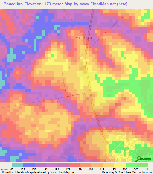 Bouadikro,Ivory Coast Elevation Map