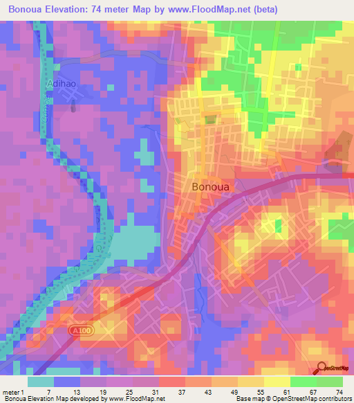 Bonoua,Ivory Coast Elevation Map