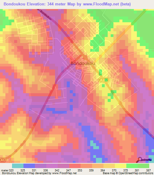 Bondoukou,Ivory Coast Elevation Map
