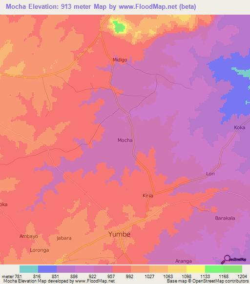 Mocha,Uganda Elevation Map
