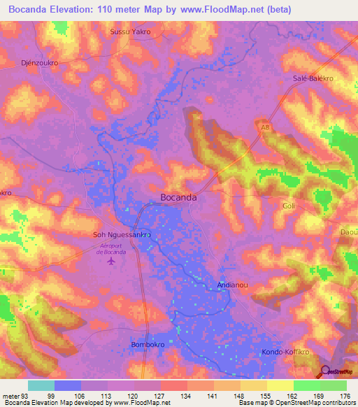 Bocanda,Ivory Coast Elevation Map