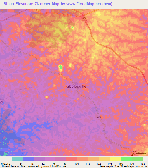 Binao,Ivory Coast Elevation Map
