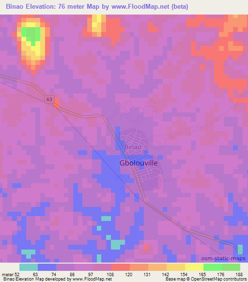 Binao,Ivory Coast Elevation Map
