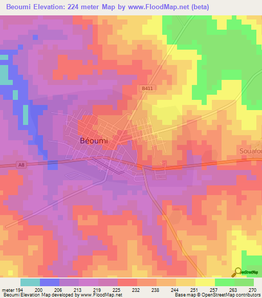 Beoumi,Ivory Coast Elevation Map