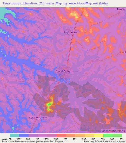Bazerououa,Ivory Coast Elevation Map
