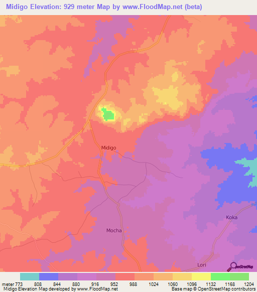 Midigo,Uganda Elevation Map