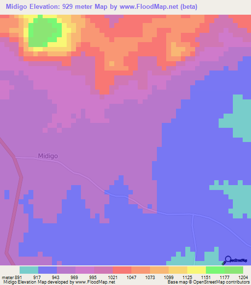 Midigo,Uganda Elevation Map