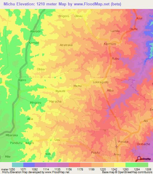 Michu,Uganda Elevation Map