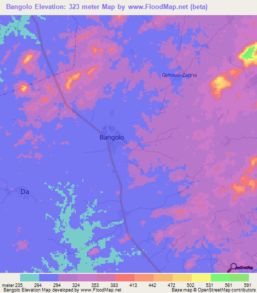 Bangolo,Ivory Coast Elevation Map