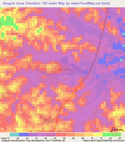 Azaguie Aoua,Ivory Coast Elevation Map