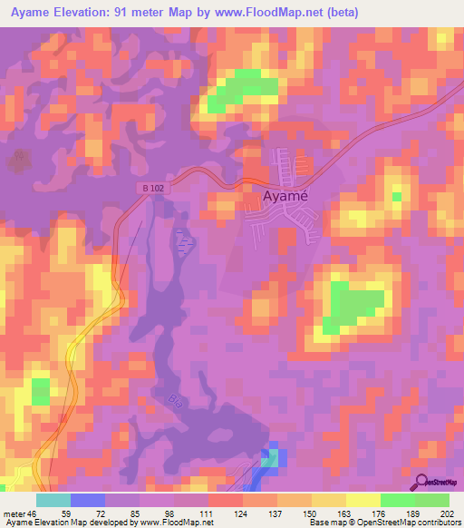 Ayame,Ivory Coast Elevation Map